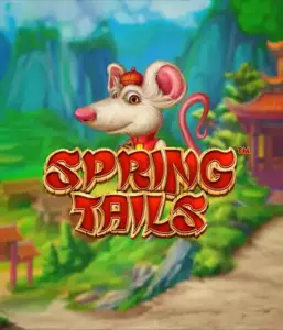 A whimsical illustration of a mouse wearing a red traditional Chinese outfit positioned in front of a picturesque landscape with mountains. The image represents the Spring Tails Slot by Betsoft, showcased with prominent gold and red logo lettering.